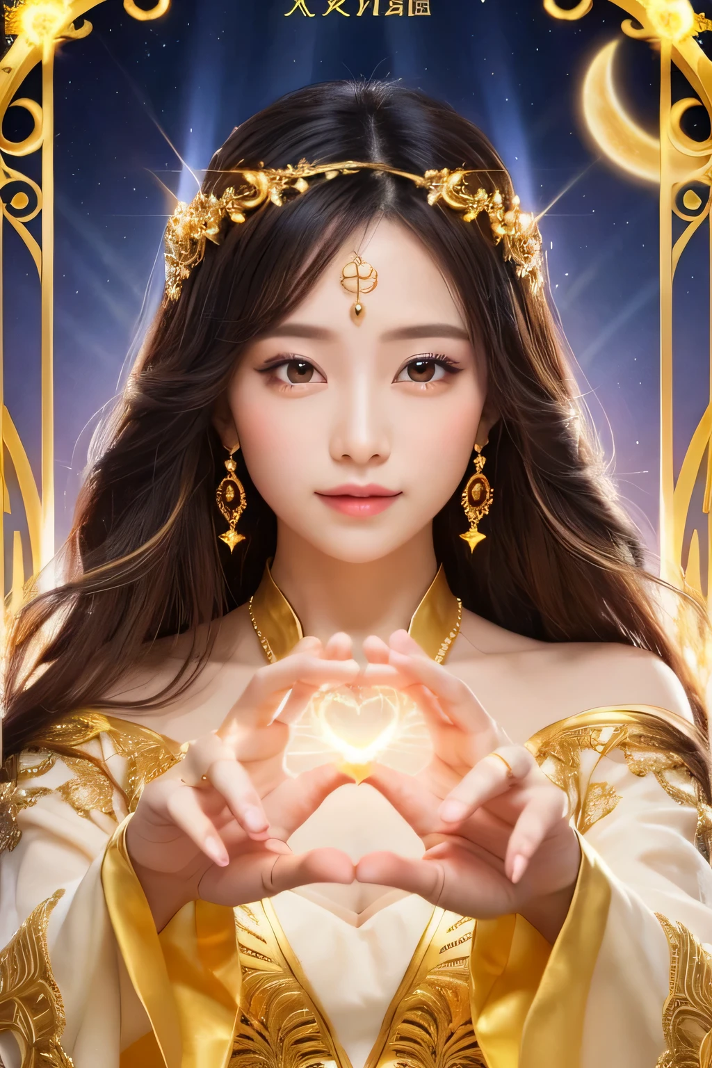 Golden Goddess Flyer, Majestic Goddess of Love and Magic, Her hands are glowing with a mysterious power.Her hands are warm and inviting.Her presence is a ray of hope and joy..Her golden aura is、It is a shining golden aura of love and protection..Shooting star glow,Golden Moonlight,Beautiful fingers,A dazzling heart-shaped golden light shines from her fingertips.,