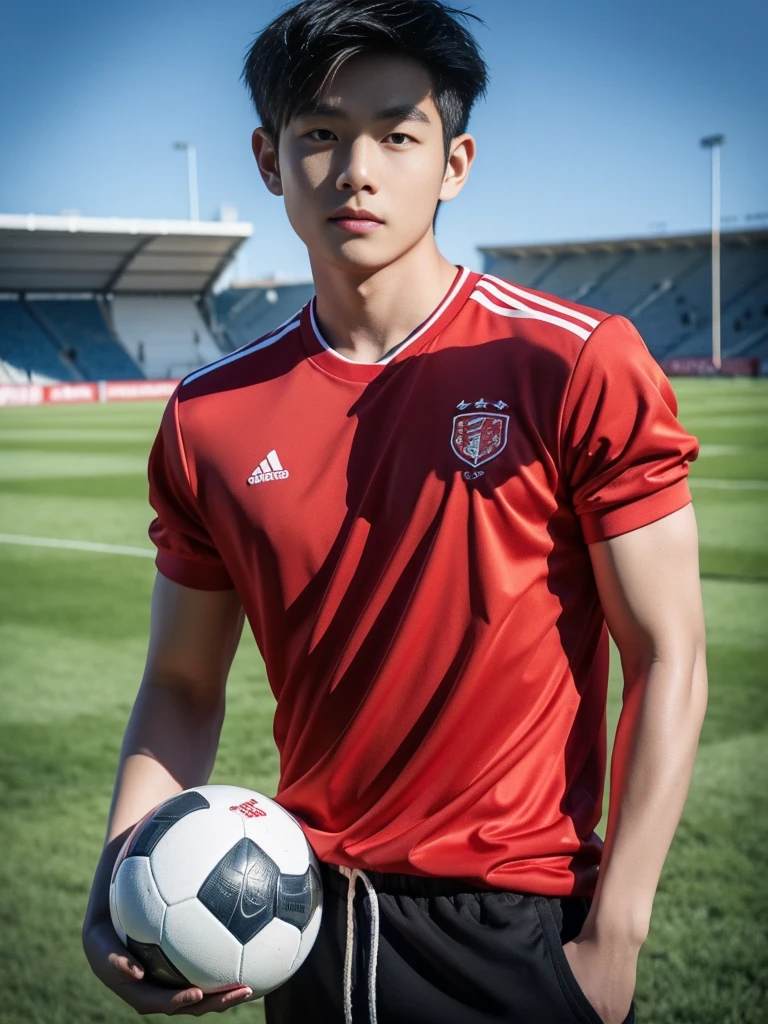 young asian man looking at camera in a red sports shirt , Fieldside, beach, sunlight, looking at the football field