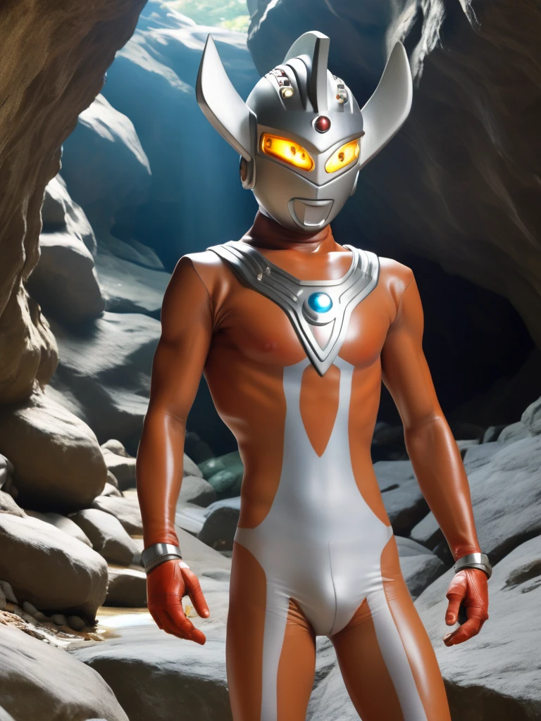 photo realistic,nude,bara,gay,Ultraman Taro is caught in a cave and stands naked in white underwear,slim body,tall,long limbs,helmet only,one black eyes.