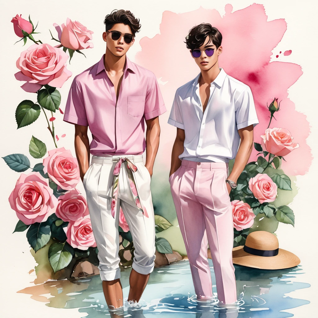 candid fashion illustration of young Mixed race 2man, Latino and Japanese male model, both aged 18-23 year old, ((showcase fashion look book in linen outfits)), the design inspired of The Emma Bridgewater rose by David Austin, in elegant chic style. The man wears an oversized short-sleeved shirt with a minimal rose embroidery details, paired with relaxed-fit white Short with Drawstring, He completes his look with white sneakers. The boyfriend complements him in a Calf-length skinny fitted pants in a stripe woven cotton, semi bulge, He resemble includes an accessorizes with a brimmed straw hat and sunglasses, Captured in a low angle, ((full-body image)), ((roses drawing in water color in background)), fashion sketching, realistic drawing, ((imperfect water color drawing)), fashion look book, fashion illustrator, fashion sketch design, gay, gay couple, a lovely variety characterized color by soft blush pink-purple color, The large blooms rose, with many petals forming a classic rosette shape. The color can range from a delicate pale pink to a slightly deeper shade, This rose is appreciated for its charming appearance and delightful,