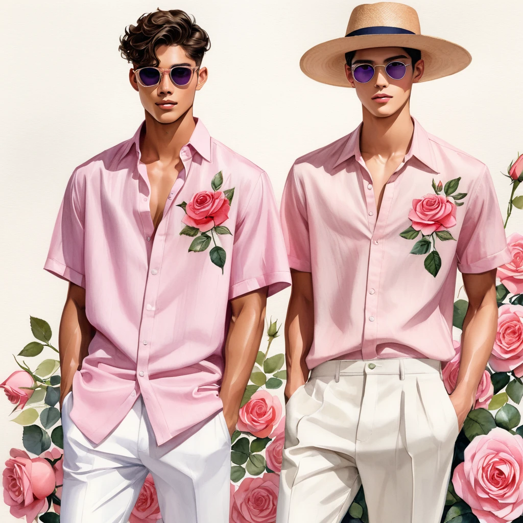 candid fashion illustration of young Mixed race 2man, Latino and Japanese male model, both aged 18-23 year old, ((showcase fashion look book in linen outfits)), the design inspired of The Emma Bridgewater rose by David Austin, in elegant chic style. The man wears an oversized short-sleeved shirt with a minimal rose embroidery details, paired with relaxed-fit white Short with Drawstring, He completes his look with white sneakers. The boyfriend complements him in a Calf-length skinny fitted pants in a stripe woven cotton, semi bulge, He resemble includes an accessorizes with a brimmed straw hat and sunglasses, Captured in a low angle, ((full-body image)), ((roses drawing in water color in background)), fashion sketching, realistic drawing, ((imperfect water color drawing)), fashion look book, fashion illustrator, fashion sketch design, gay, gay couple, a lovely variety characterized color by soft blush pink-purple color, The large blooms rose, with many petals forming a classic rosette shape. The color can range from a delicate pale pink to a slightly deeper shade, This rose is appreciated for its charming appearance and delightful,