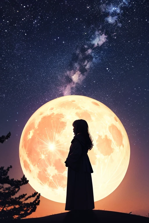 Highest quality,Big moon and shadow,A silhouette of a person can be seen against the backdrop of a large moon.,There is one full moon,There is a mood,Beautiful scenery,Starry Sky