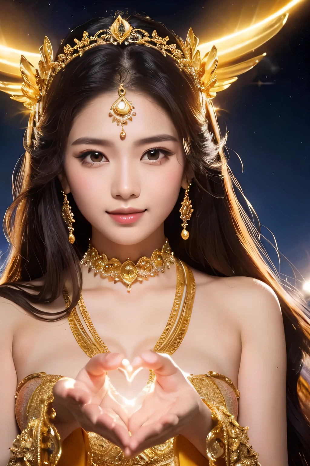 Depict a majestic goddess statue. The goddess is adorned in golden ornaments and is holding divine light in her hands. Her expression is serene and full of compassion, with intricate jewels and decorations scattered throughout her hair and garments. Her eyes are open. The background is surrounded by mystical circular patterns and a halo of light, creating an overall atmosphere of mystique and sanctity.