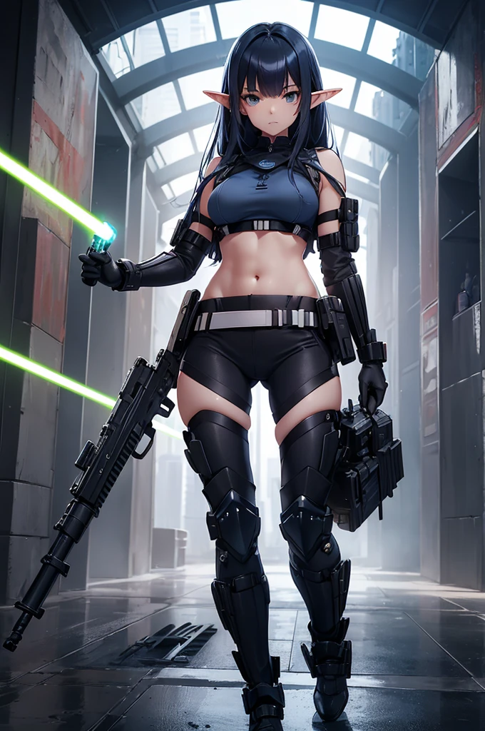 Create high quality images featuring an elf girl with dark navy blue hair and straight bangs. She is a member of the police special forces.。the navel is slightly visible。Aggressive pose。Aggressive facial expression。Have a lightsaber.。The background must depict a city inside a dome, Next to her is a black armored vehicle.