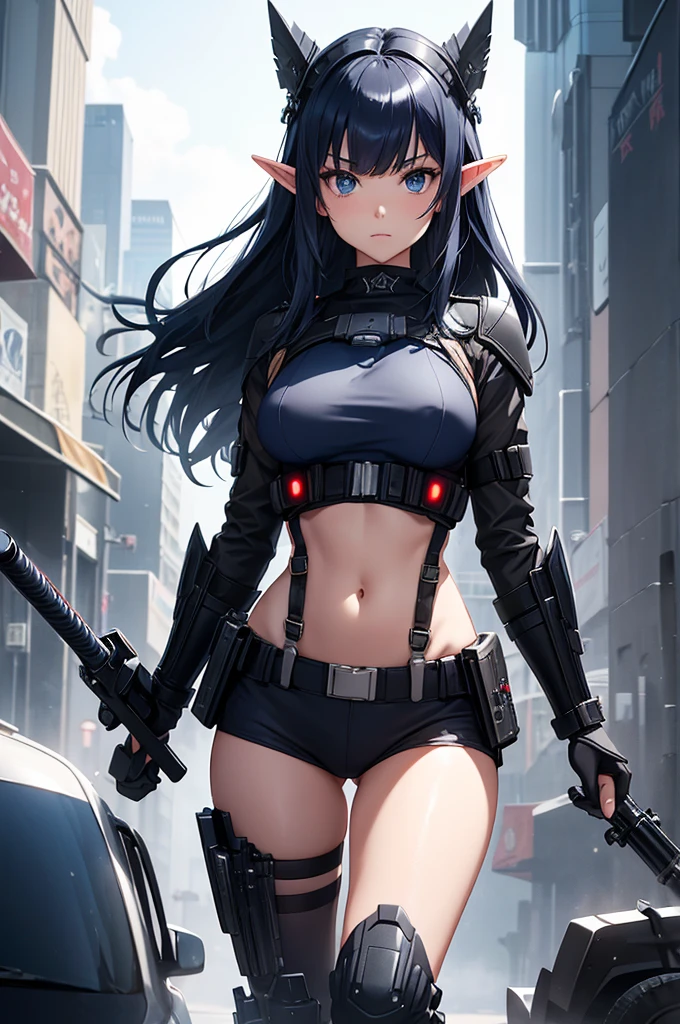 Create a high-quality image featuring an elf girl with dark navy-blue hair and straight bangs, and red eyes. She is a member of a police special forces unit, wearing black and blue body armor. She is in an aggressive pose with an aggressive expression. The background depicts a city inside a dome, with a black armored vehicle next to her. Emphasize that she is an elf girl.カメラを見ない