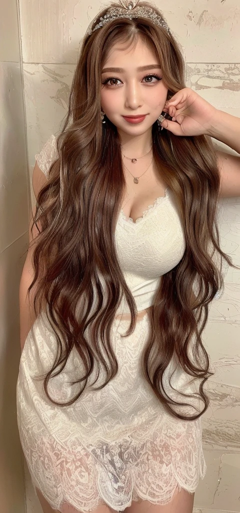 ((Highest quality, 8K, masterpiece: 1.3)), One girl, Perfect Body Beauty: 1.3, ( Random thick diva hairstyle casual), (( Long wavy brown hair)), (Queen), (Exposed big breasts), (Wedding dress), Super detailed face, Beautiful Eyes, double eyelid, smile, Short skirt, Lace panties, Earrings, necklace, Crown,