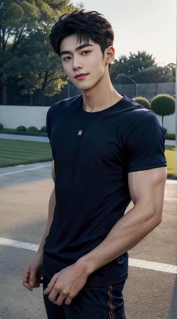 (As a matter of fact, Masterpiece, 8k HD, good light quality, sportswear, fit the face, complicated details), A handsome and muscular young Korean man., He has short, muscular hair in a buzzcut style. ,(Broad shoulders:1.3), 20 years old, be happy, smile brightly, detailed face, delicate eyes, มองดูsky, (Wear a navy tight T-shirt.:1.6), period, black eyes, Black hair color, ผมsmooth, smooth, outdoor sports, Along the garden, Sunny,sky,Surreal,Awesome details,Highest quality,real,(As a matter of fact, Masterpiece, 8k HD, good light quality, sportswear, fit the face, complicated details), A handsome and muscular young Korean man. มีกล้าม ,(Broad shoulders:1.3), 20 years old, be happy, smile brightly, detailed face, delicate eyes, มองดูsky, (Wear a navy tight T-shirt.:1.6), period, black eyes, Black hair color, ผมsmooth, smooth, outdoor sports, Along the garden, Sunny,sky,Surreal,Awesome details,Highest quality,real