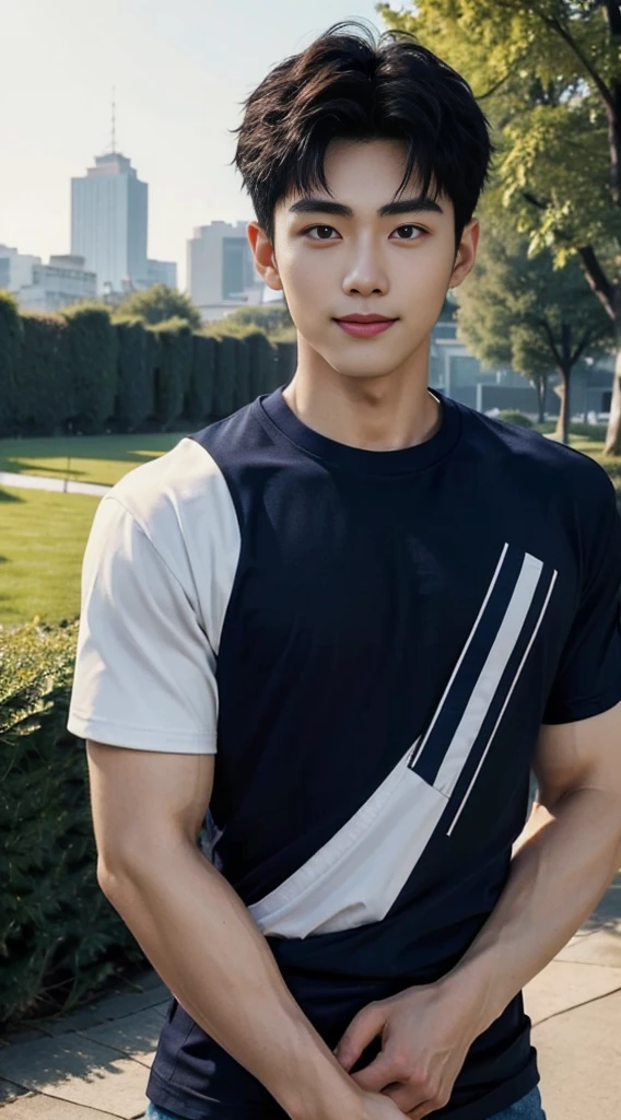 (As a matter of fact, Masterpiece, 8k HD, good light quality, sportswear, fit the face, complicated details), A handsome and muscular young Korean man., He has short, muscular hair in a buzzcut style.  ,(Broad shoulders:1.3), 20 years old, be happy, smile brightly, detailed face, delicate eyes, มองดูsky, (Wear a navy tight T-shirt.:1.6), period, black eyes, Black hair color, ผมsmooth, smooth, outdoor sports, Along the garden, Sunny,sky，Surreal，Awesome details，Highest quality，real，(As a matter of fact, Masterpiece, 8k HD, good light quality, sportswear, fit the face, complicated details), A handsome and muscular young Korean man. มีกล้าม ,(Broad shoulders:1.3), 20 years old, be happy, smile brightly, detailed face, delicate eyes, มองดูsky, (Wear a navy tight T-shirt.:1.6), period, black eyes, Black hair color, ผมsmooth, smooth, outdoor sports, Along the garden, Sunny,sky，Surreal，Awesome details，Highest quality，real