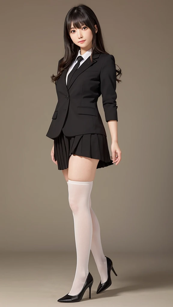 japanese ,woman , age18 , bangs , (((fat))), black_suit , black_pencil_long_skirt , beige_stockings , black pumps , white background