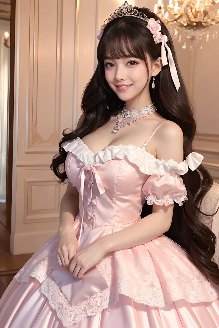 (Highest quality、masterpiece、8K、Best image quality、Hyperrealism、Award-winning works)、1 cute lolita princess、(alone:1.1)、(1 photo:1.1)、(Girly and cute luxury light pink Lolita princess dress:1.2)、(Cute girly big ribbon:1.1)、(The most extravagant and luxurious giant princess tiara:1.1)、(The most luxurious and finest huge princess jewelry necklace:1.1)、(A top-notch Lolita princess dress with intricate jewelry details:1.2)、(The most extravagant Lolita princess dress with cute frills and ribbons:1.1)、(The most gorgeous Lolita princess dress with lovely lace decoration:1.1)、(Cute girly lolita wavy hair:1.1)、(Low length:1.1)、(height: 140cm:1.1)、(Big Breasts:1.1)、(Soft cleavage:1.1)、(Cute heart symbol:1.1)、Lots of cute frills、(Big pretty ribbon:1.1)、Accentuate your body lines、Slender body、Standing Elegantly、(The most luxurious and high-end Lolita princess room background:1.1)、(A luxurious Lolita princess room with attention to detail:1.1)、(A luxurious princess room with the most extravagant and girly atmosphere:1.2)、(The most gorgeous and luxurious Lolita princess room:1.2)、(very bright and vivid:1.3)、(The most luxurious and lavishly decorated, Luxurious walls:1.1)、Standing Elegantly少女、Accurate anatomy、Perfect Makeup、Long eyelashes、Glossy Lips、Ultra HD glossy skin、(Ultra-high definition, bright and beautiful skin:1.3)、超高精細のGlossy Lips、Ultra-high definition beautiful teeth