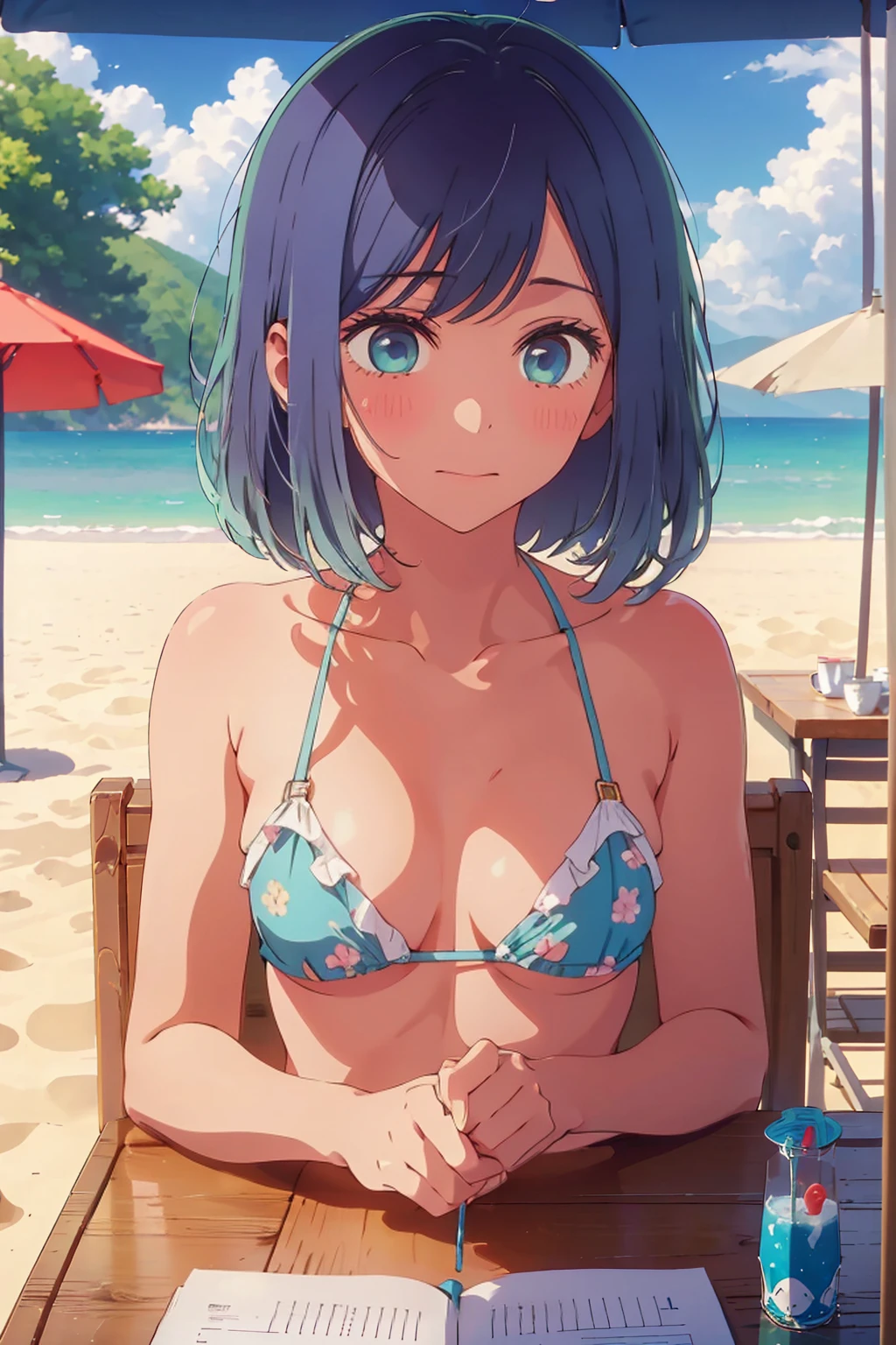 (Highest quality:1.4、masterpiece:1.4、Super detailed:1.4、8K:1.4)、((((1 person、Surprised expression、sit、Outdoor café terrace、coastal、juice、table、Sandy Beach、juiceのグラスを持つ、Plain Bikini、The depth of the written world、Very soft boobs、Big eyes、Very cute face))))、F cup bust、Medium breast、Underboob