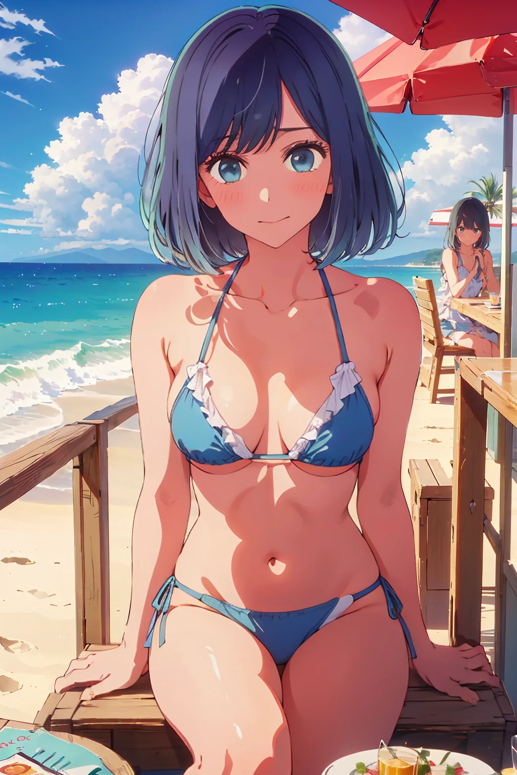 (Highest quality:1.4、masterpiece:1.4、Super detailed:1.4、8K:1.4)、((((1 person、Surprised expression、sit、Outdoor café terrace、coastal、juice、table、Sandy Beach、juiceのグラスを持つ、Plain Bikini、The depth of the written world、Very soft boobs、Big eyes、Very cute face))))、F cup bust、Medium breast、Underboob