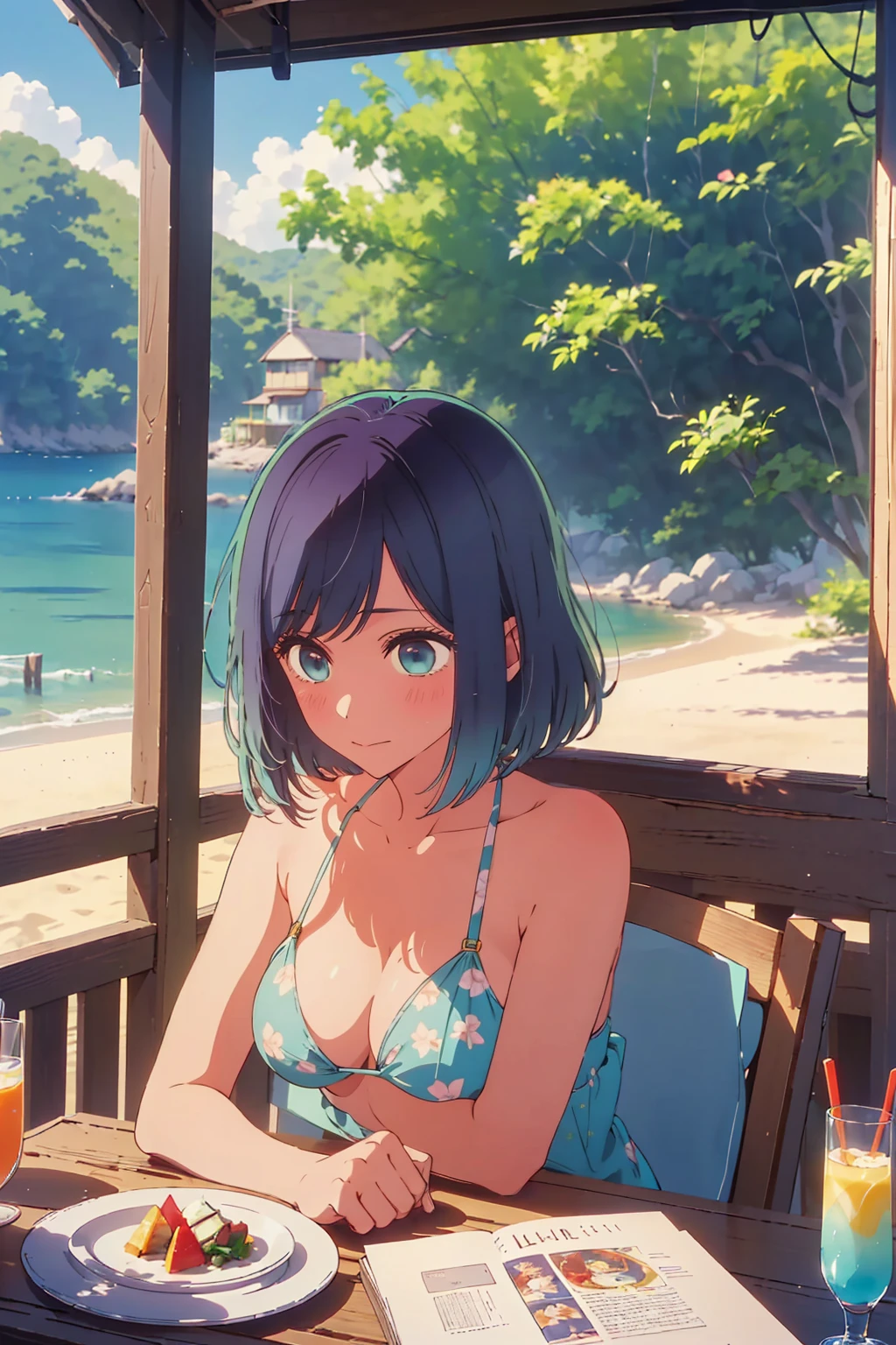 (Highest quality:1.4、masterpiece:1.4、Super detailed:1.4、8K:1.4)、((((1 person、Surprised expression、sit、Outdoor café terrace、coastal、juice、table、Sandy Beach、juiceのグラスを持つ、Plain Bikini、The depth of the written world、Very soft boobs、Big eyes、Very cute face))))、F cup bust、Medium breast