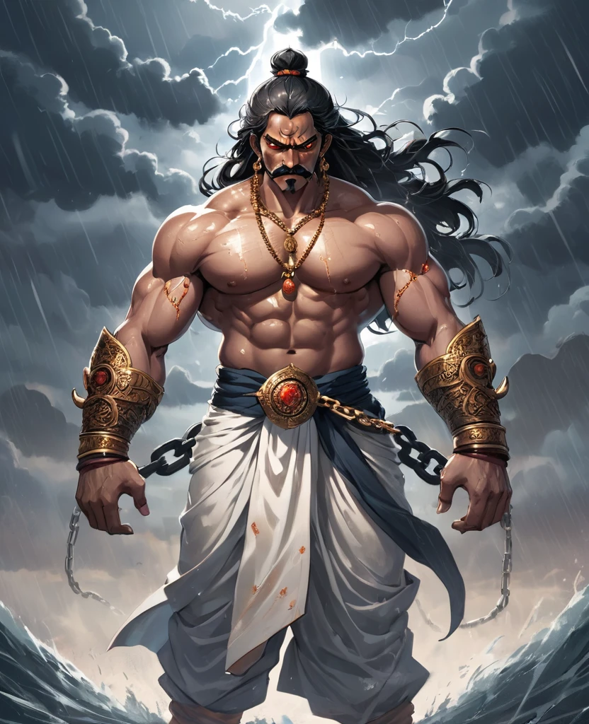 A striking, visually captivating illustration of a powerful Maratha warrior standing tall amidst dark clouds and heavy rain. His muscular, drenched body is adorned with massive chains at his arms, hips, and legs, while his glowing red eyes and fierce determination exude strength. With perfect facial features, a long handlebar mustache, and flowing drenched hair, he shouts in anger as he pulls the chains with immense strength. The golden hour's light illuminates him from behind, casting a dramatic rim light on his bulky frame, and the stormy atmosphere intensifies the dark fantasy scene. Clad in a white traditional dhoti-like pants and a torn white robe, the warrior's immense size and the gathering clouds create a mesmerizing visual experience that is both vibrant and cinematic, blending elements of painting, poster, and fashion into a concept, vibrant, poster, fashion, illustration, cinematic, painting, dark fantasy