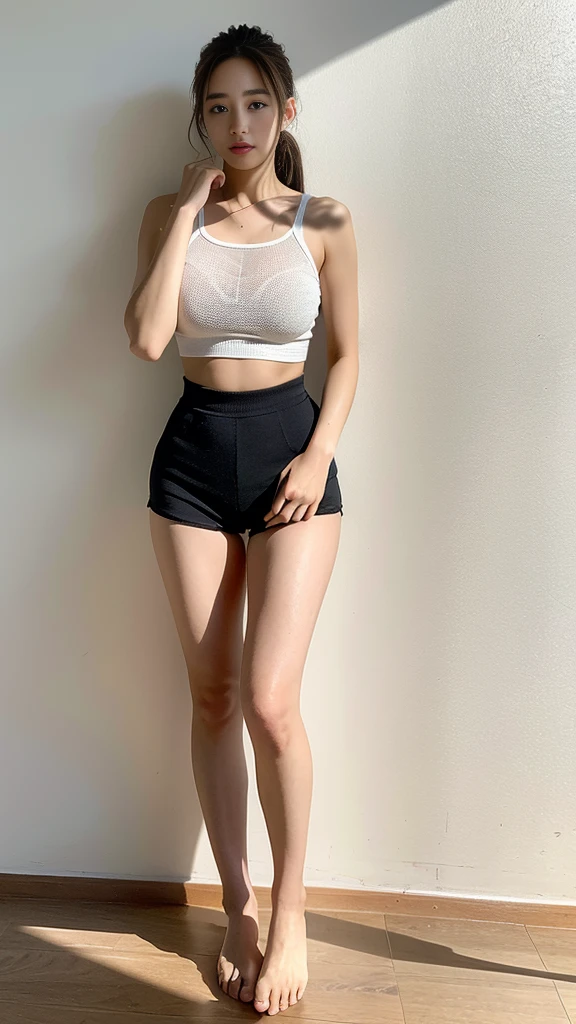 Dark brown hair、Light brown eyes、Japanese actress、 Lady、I am about 20 years old..........、(Intricate details:1.2)、 (Ultra-high resolution:1.2)、Ultra-high resolution、(Finely tuned)、(Detailed facial features)、Hmph、8K resolution、D cup size breasts、Long Hair、Bright terrace room with sunlight streaming in、Large windows、Extravagant space、relax、、,Full body photo、Head to toe shot、Beautiful legs、black Loose fit openwork T-shirt、Underwear shorts、Beautiful legs、Bright terrace room with sunlight streaming in、she, household items, (plant:0.8), Fashion Hub, Very detailed, Very detailed, Realistic, Hourglass Shaped Body, Obscene pose,、Messy Hair、Messy ponytail、Leaning against a wall、I cry a lot、tears、Skin is visible through the knit、White floor、White wall、A masterpiece of transparent painting、