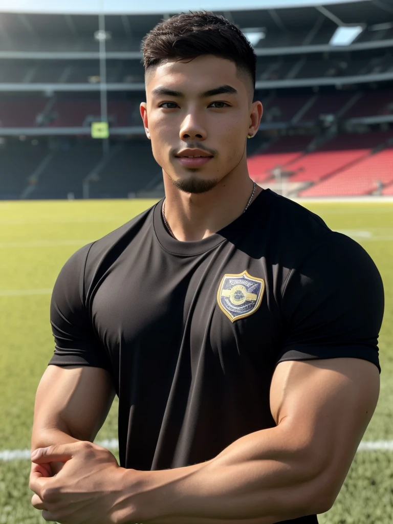 Tony Labrusca, young asian man looking at camera in a black sports shirt , Fieldside, sunlight, looking at the football field