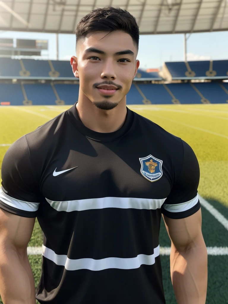 Tony Labrusca, young asian man looking at camera in a black sports shirt , Fieldside, sunlight, looking at the football field