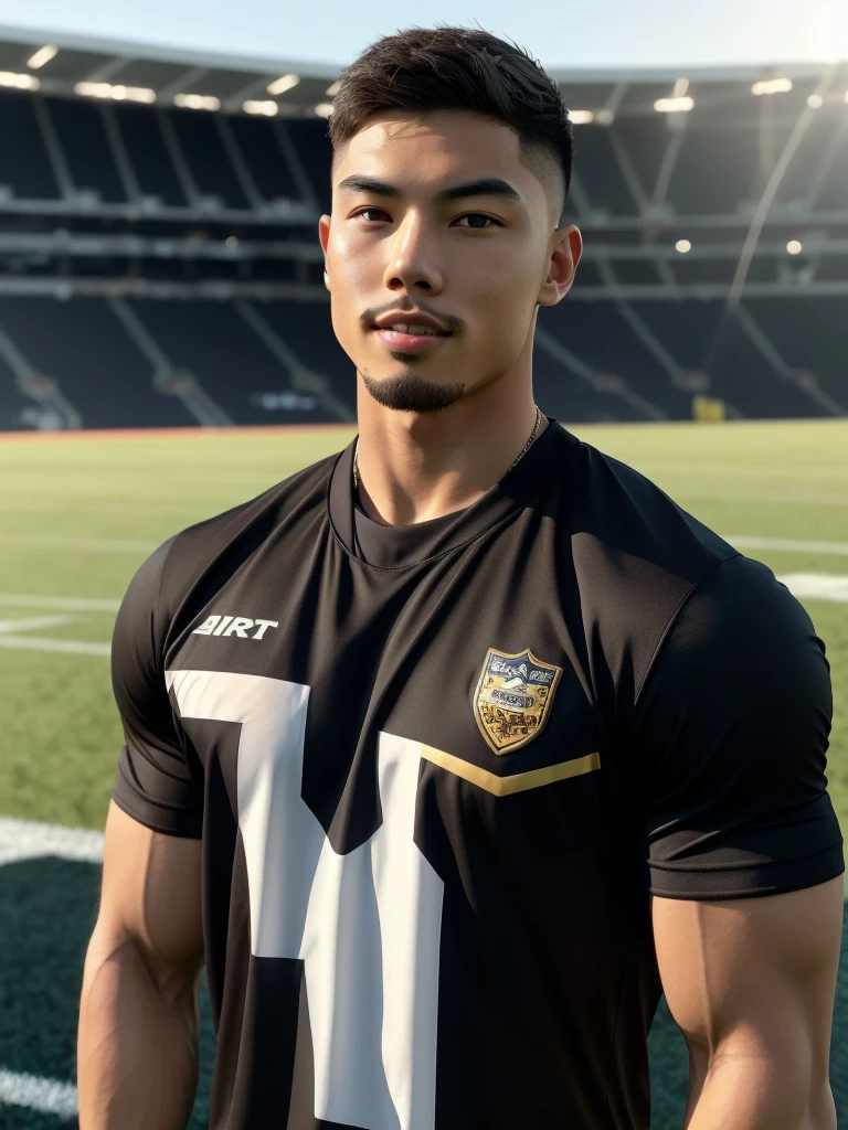 Tony Labrusca, young asian man looking at camera in a black sports shirt , Fieldside, sunlight, looking at the football field