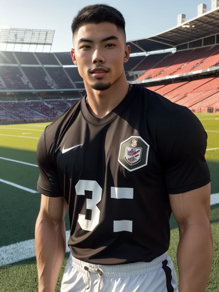 Tony Labrusca, young asian man looking at camera in a black sports shirt , Fieldside, sunlight, looking at the football field