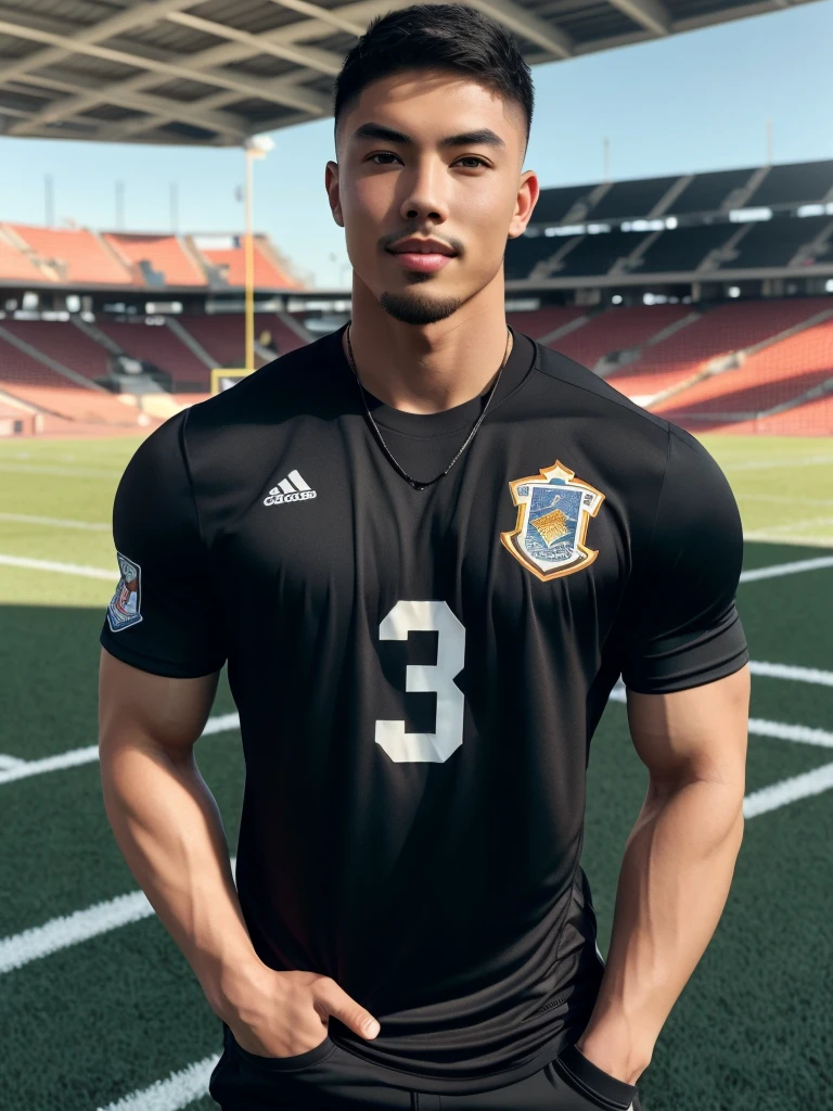 Tony Labrusca, young asian man looking at camera in a black sports shirt , Fieldside, sunlight, looking at the football field