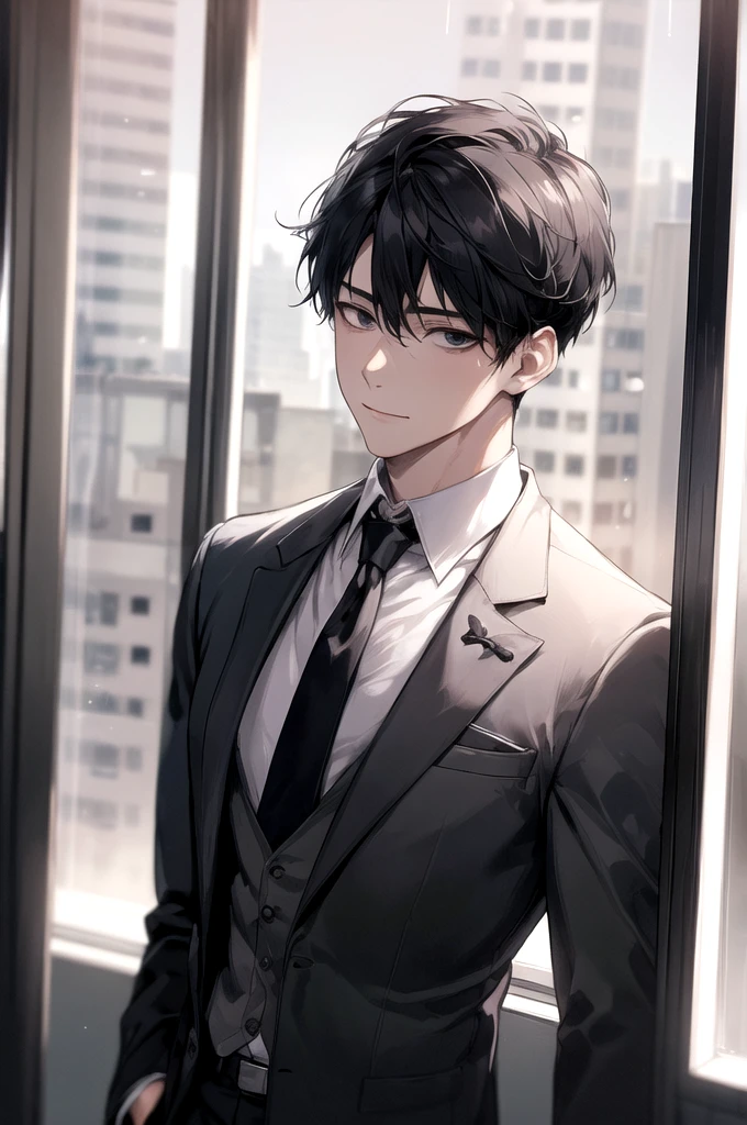 1boy, face focus, adult, business suit, jacket, white shirt, necktie, pants, best quality, hires, detailed face, office, buildings from window, detailed background, diffused sunlight, depth of field, bokeh