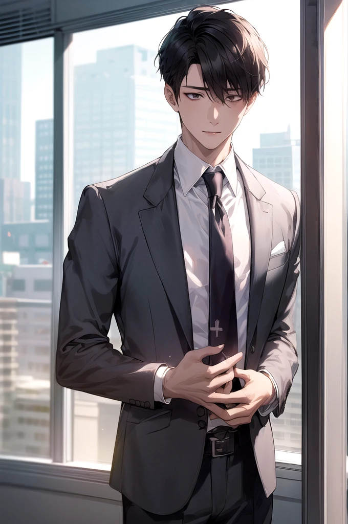 1boy, face focus, adult, business suit, jacket, white shirt, necktie, pants, best quality, hires, detailed face, office, buildings from window, detailed background, diffused sunlight, depth of field, bokeh