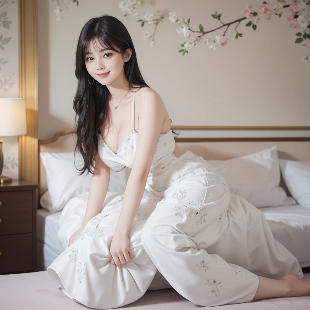 Best picture quality masterpiece beautiful 18 year old girl with long black hair 2 wearing white clothes with floral pattern big breasts full body photo in hotel room smiling