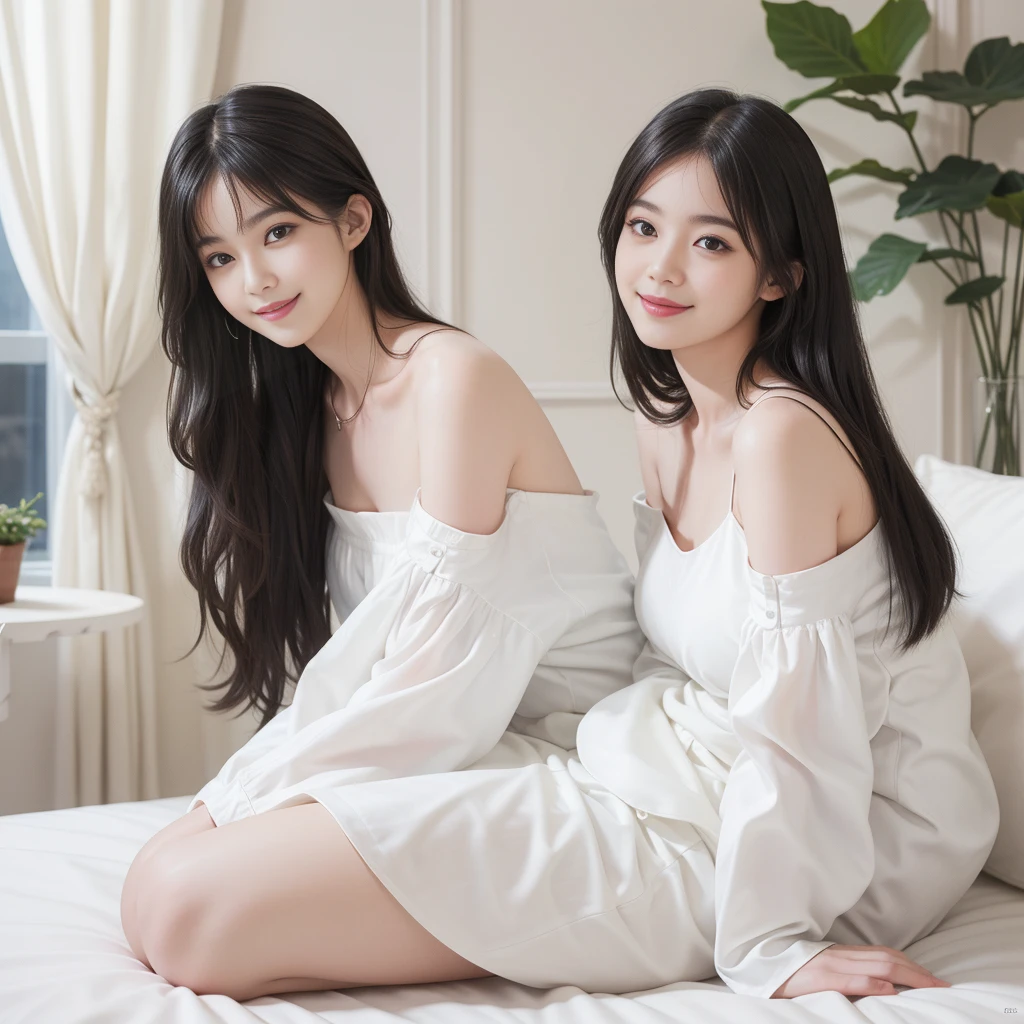 Best picture quality masterpiece beautiful 18 year old girl with long black hair 2 wearing white clothes with floral pattern big breasts full body photo in hotel room smiling