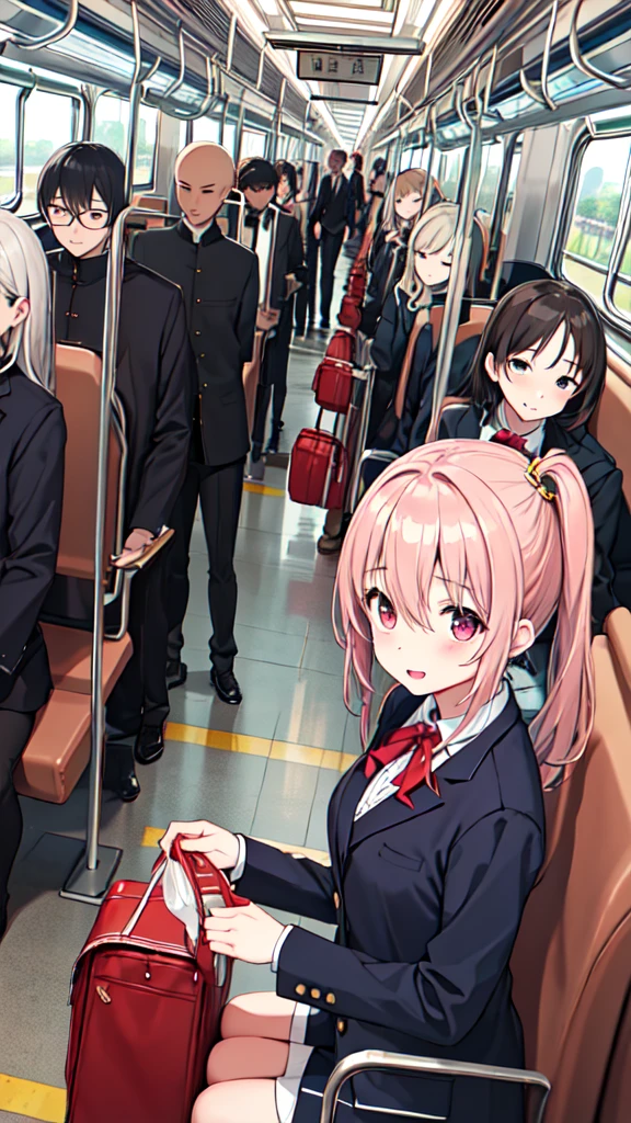 １People Girl、uniform、on the train、Are standing、crowded train