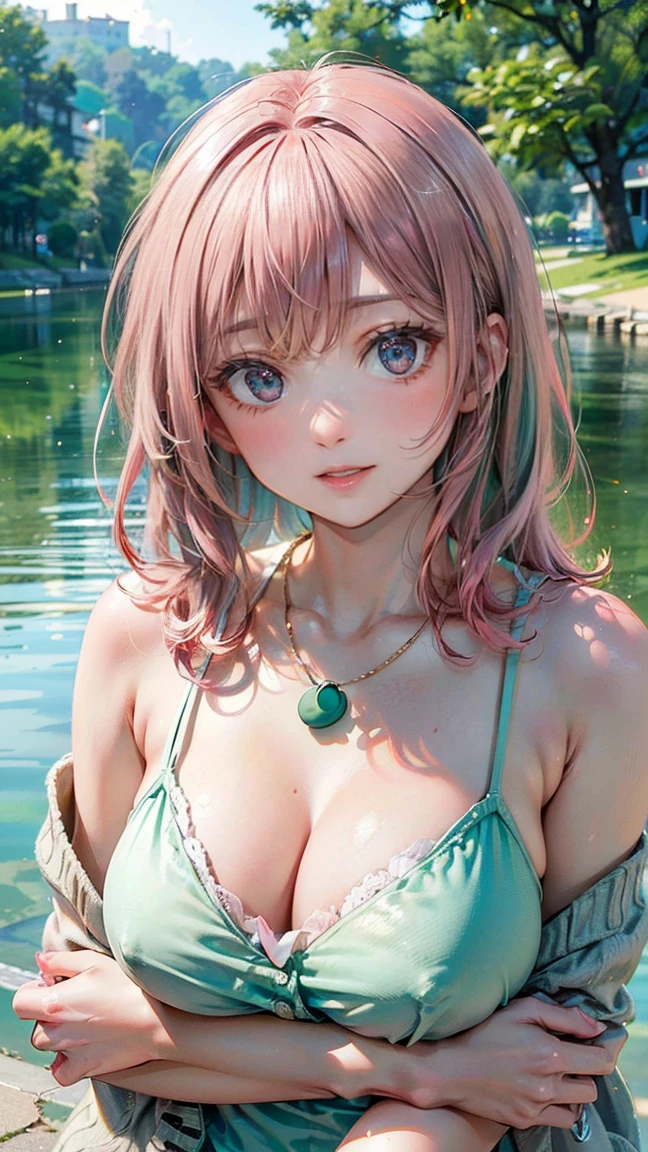 (Masterpiece, BestQuality:1.3), (ultra detailed:1.2), (hyperrealistic:1.3), (RAW photo:1.2), High detail RAW color photo, professional photograph, (Photorealistic:1.4), (realistic:1.4), (Pink Hair:1.5), professional lighting, perfect anatomy, (Big Breasts:1.2), (blush, detailed face), (A happy smile:1.7), sexly, erotic sexly, Random sexy gravure poses, (A beautiful woman wearing a mint green cardigan and a white camisole、Relaxed look by the lake、Shell Necklace、Pose looking at the lake。:1.3)