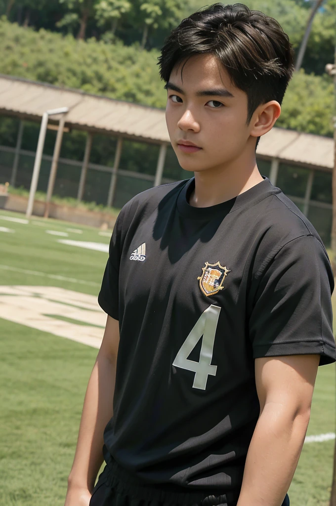 young asian man looking at camera in a black sports shirt , Fieldside, sunlight, looking at the football field