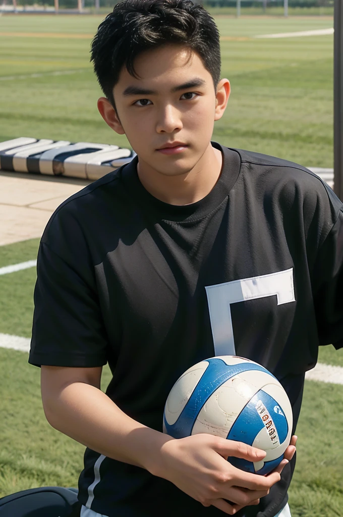 young asian man looking at camera in a black sports shirt , Fieldside, sunlight, looking at the football field