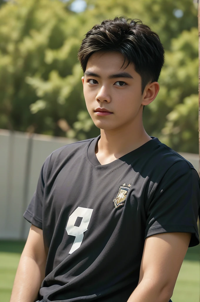  young asian man looking at camera in a black sports shirt , Fieldside, sunlight, looking at the football field