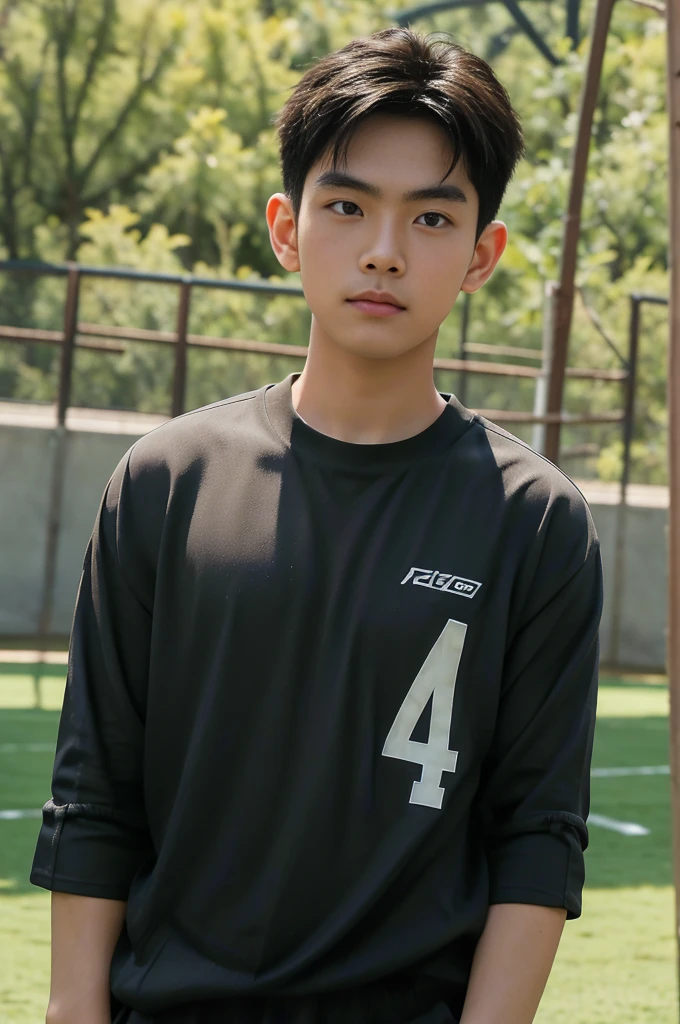  young asian man looking at camera in a black sports shirt , Fieldside, sunlight, looking at the football field