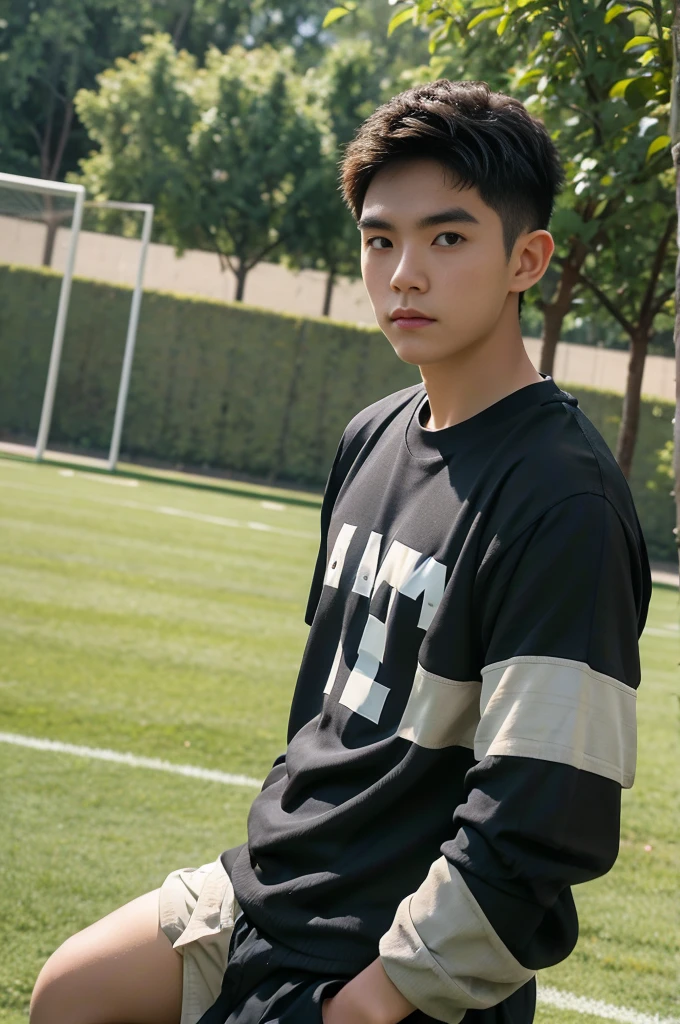  young asian man looking at camera in a black sports shirt , Fieldside, sunlight, looking at the football field