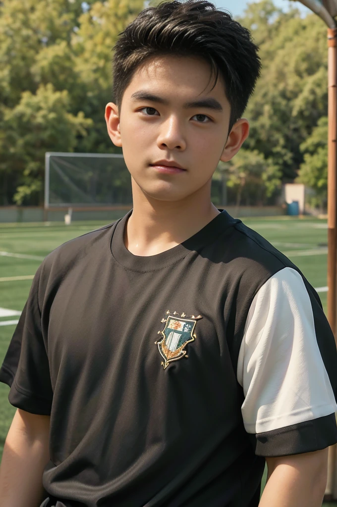  young asian man looking at camera in a black sports shirt , Fieldside, sunlight, looking at the football field