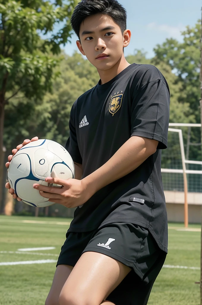 young asian man looking at camera in a black sports shirt , Fieldside, sunlight, looking at the football field