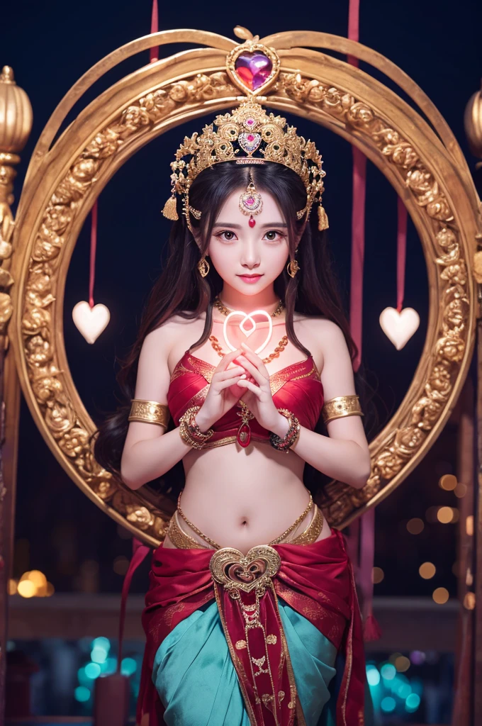 Female goddess, cute heart, night background
