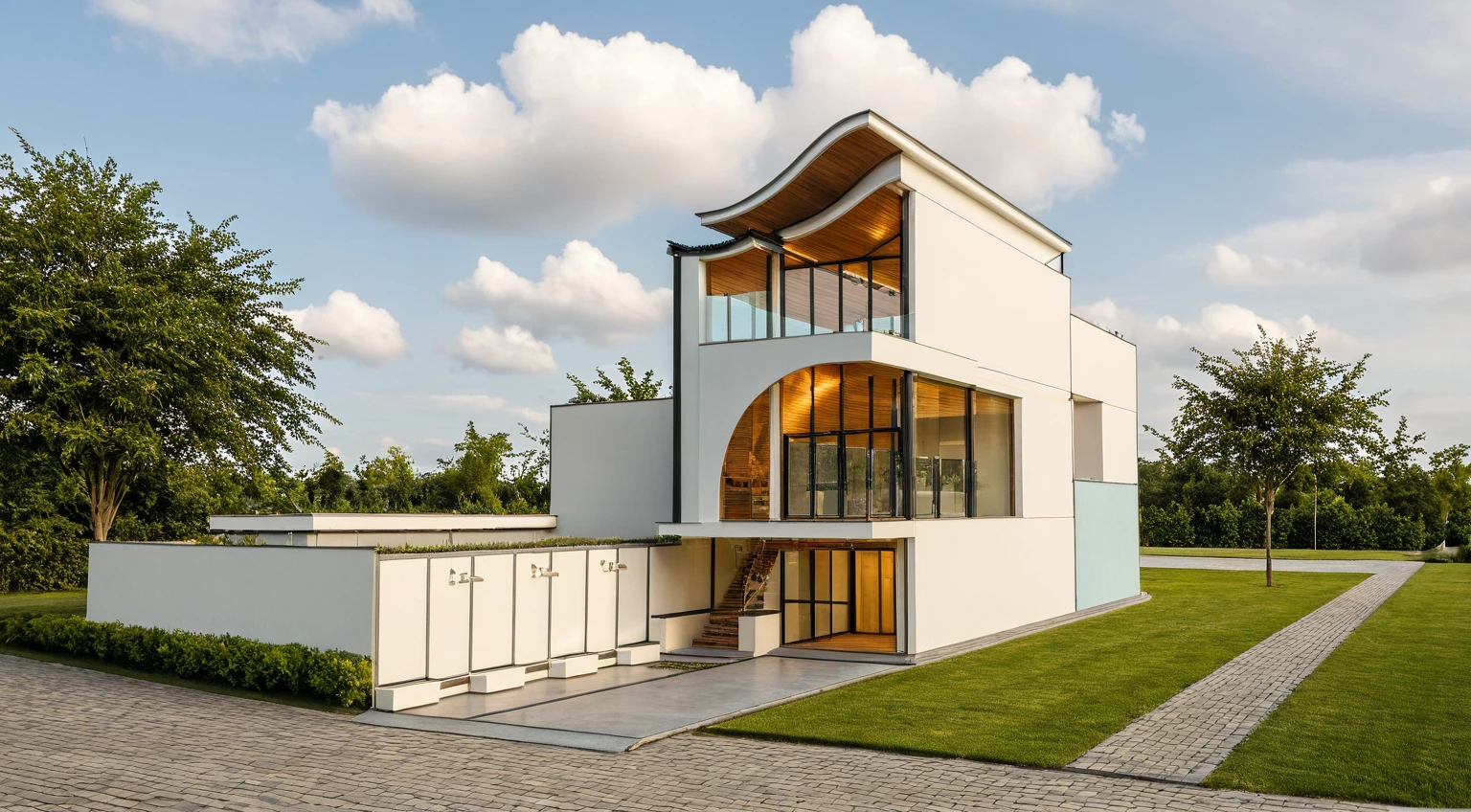 Masterpiece, high quality, best quality, authentic, super detail, outdoors, onestoreyvillaXL, aiaigroup, house style modern on the street ,stairs, white wall ,road,pavement, grass, trees, sky, cloud, (daylight:1.1)