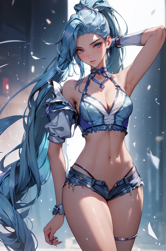 Masterpiece, Best Quality, Girls, Slender, Blue Eyes, Hair Color, Rainbow, Long Hair Spreading, White Skin, Blood Vessels on Arms and Chest, Medium, Cute, Sexy, Near Future, Cyberpunk, Bikini, Exposed Skin, Night, Psychedelic, Trip, Highly Colored, Paisley Themes, Open Legs, Mechanical Left Arm, Full Body