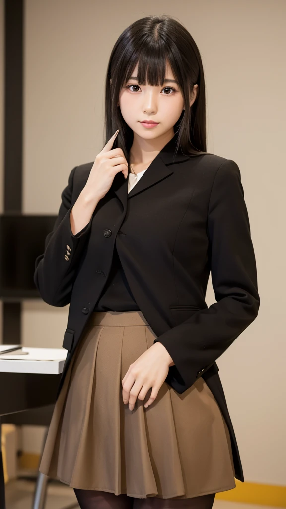 japanese ,woman , age18 , bangs , (((fat))), black_suit , black_pencil_long_skirt , beige_pantyhose , black pumps , white background