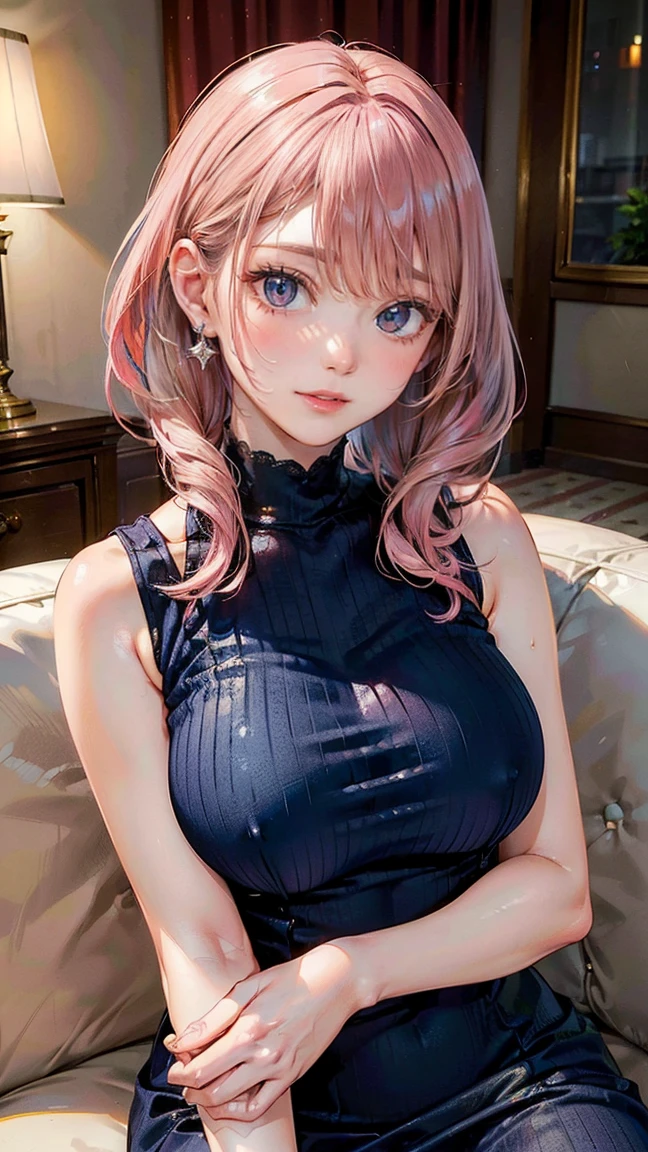 (Masterpiece, BestQuality:1.3), (ultra detailed:1.2), (hyperrealistic:1.3), (RAW photo:1.2), High detail RAW color photo, professional photograph, (Photorealistic:1.4), (realistic:1.4), (Pink Hair:1.5), professional lighting, perfect anatomy, (Big Breasts:1.2), (blush, detailed face), (A happy smile:1.7), sexly, erotic sexly, Random sexy gravure poses, (A beautiful woman wearing a navy blue bodycon dress、A classy smile in a hotel lobby、Gold earrings、Seated pose on sofa。:1.3)