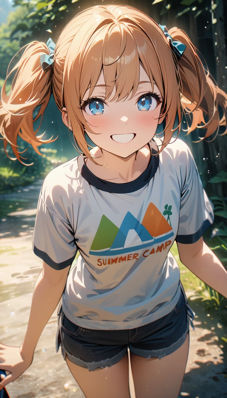 Young girl, short ginger hair, two ponytails, blue eyes, smile, summer camp shirt, shorts, Masterpiece, best quality, Full HD, 8k, ultra details, great graphic