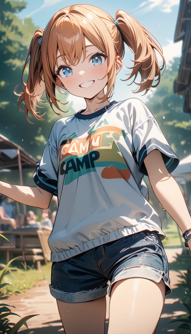 Young girl, short ginger hair, two ponytails, blue eyes, smile, summer camp shirt, shorts, Masterpiece, best quality, Full HD, 8k, ultra details, great graphic