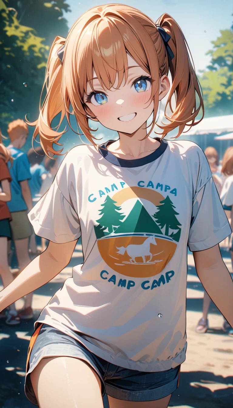 Young girl, short ginger hair, two ponytails, blue eyes, smile, summer camp shirt, shorts, Masterpiece, best quality, Full HD, 8k, ultra details, great graphic