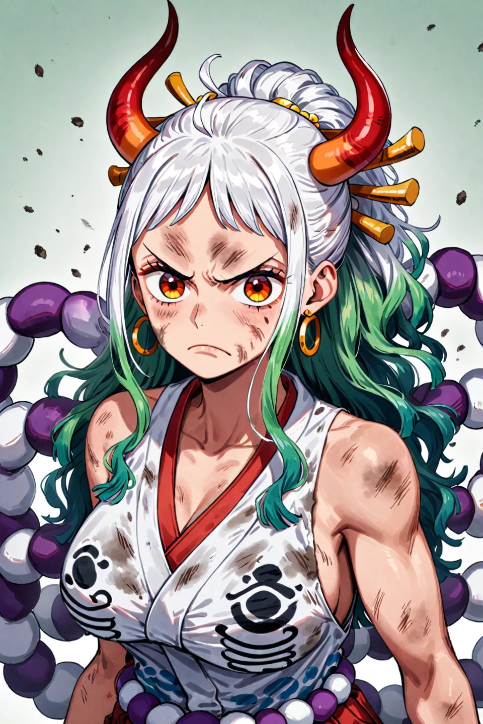 1girl, yamato (one piece), solo, horns, hair ornament, curled horns, japanese clothes, sleeveless kimono, jewelry, long hair, dirty, earrings, multicolored hair, multicolored horns, rope, white hair, breasts, hair stick, sleeveless, shimenawa, closed mouth, upper body, oni, red horns, kimono, collarbone, arms at sides, dirty face, looking at viewer, bare shoulders, bare arms, green hair, frown, scratches, dirty clothes, serious, bruise, sidelocks, hoop earrings, v shaped eyebrows, large breasts, hakama, injury, two tone hair --style 1 --preset 3, ((medium quality)), ((medium quality))