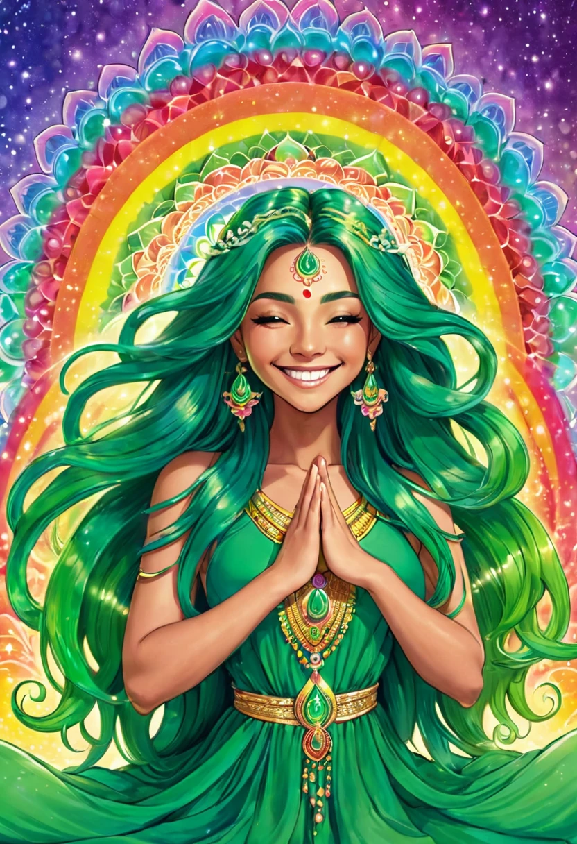 Pastel rainbow colored long hair goddess chakra is shining, heart chakra is shining in emerald green, prayer, smile, mandala, big rainbow light, happiness, smile, love