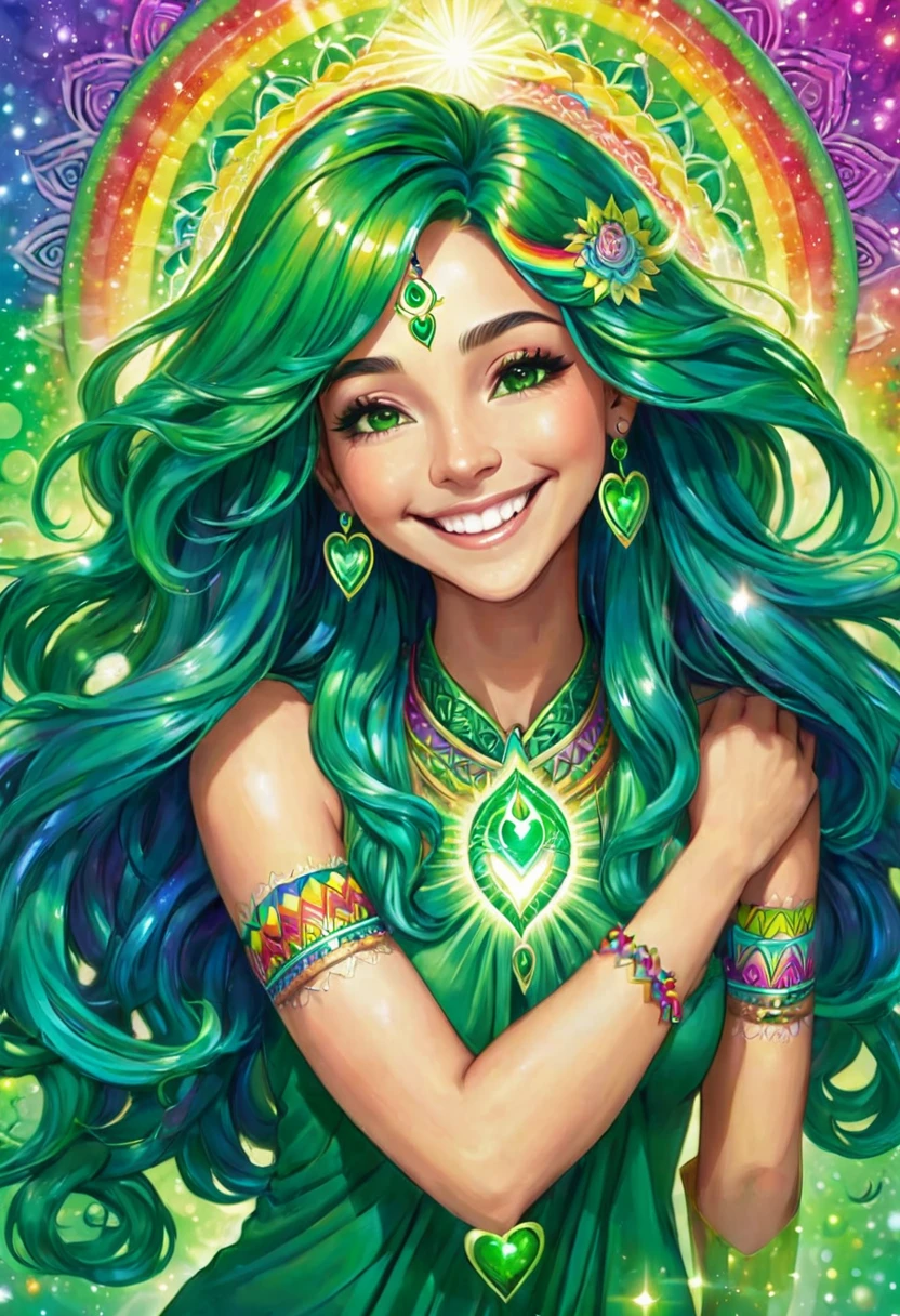 Pastel rainbow colored long hair goddess chakra is shining, heart chakra is shining in emerald green, prayer, smile, mandala, big rainbow light, happiness, smile, love