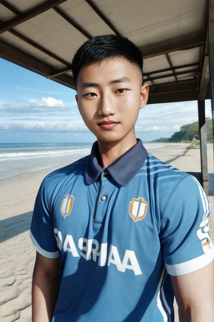 young asian man looking at camera in a blue sports shirt , Fieldside, beach, sunlight