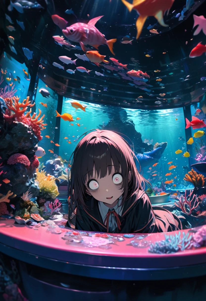 high quality,1 girl,( yandere :1.5),( crazy eyes:1.5), Highest quality, 16K, Unbelievably absurd, Very detailed, 2.5D, delicate and dynamic, aquarium, Large sink, Colorful Coral, A little faint light and a little fish,